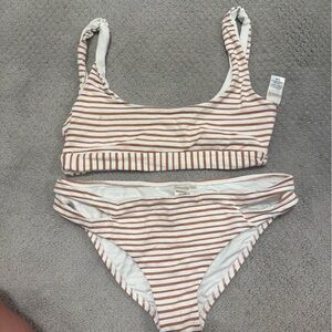 L*Space Brown/gold and White Striped Bikini